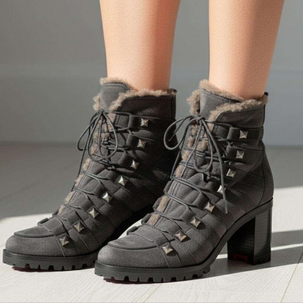 Christian Louboutin | Chaletta Gray Shearling Studded Ankle Boots Fur Lined 39/9 - Picture 3 of 15